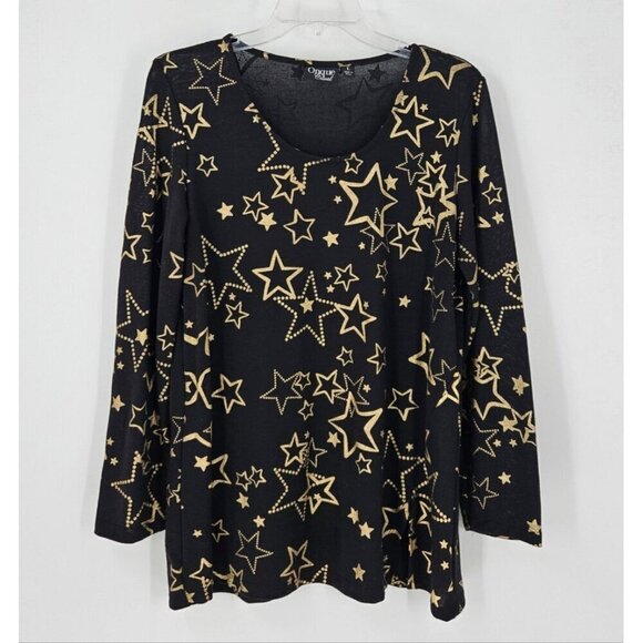 Onque Casuals Tops - Onque Causal Sz L Black w/Gold Stars Stretch Long Sleeve Pullover Tunic Top